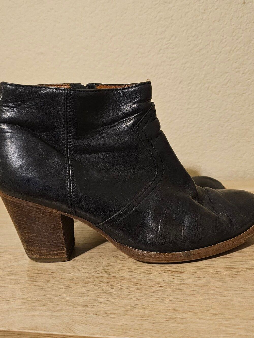 Madewell Black Leather Ankle Booties with Brown Stacked Heel